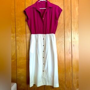 Vintage (70s/80s) Pink and White midi, capped sleeve Button-Down Dress. Size S/M